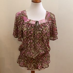 DKNY Jeans Flounce Sleeve Pink and Olive Green with Gold Metallic Threading